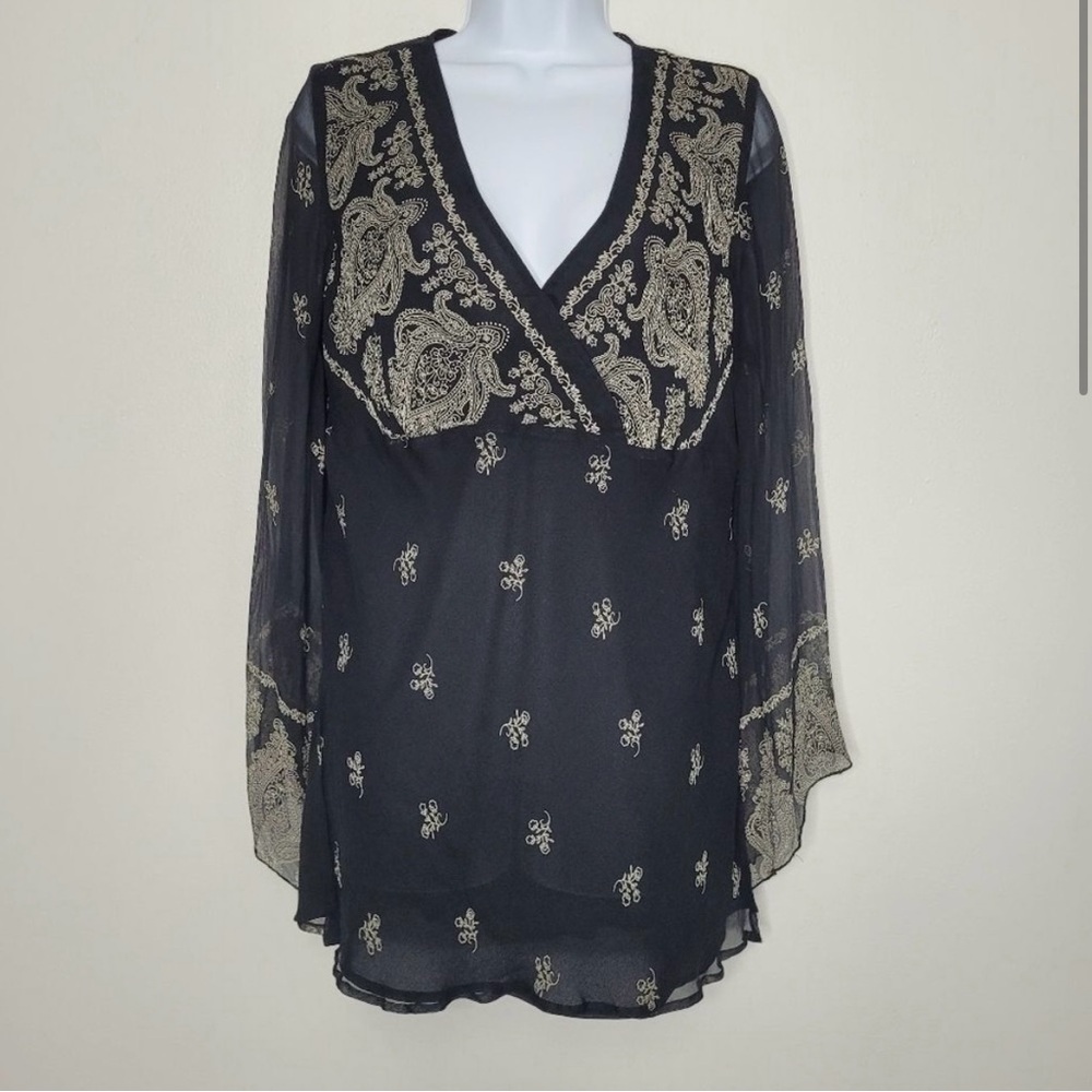 Vintage y2k 90s black tan silk witchy whimsigoth Stevie Nicks top size Large